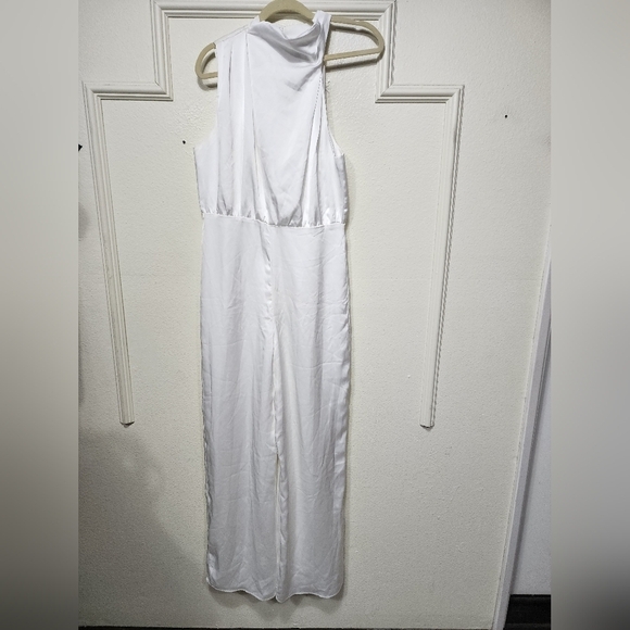 Lulus Stunning Promise White Satin Asymmetrical Wide-Leg Jumpsuit L Wedding - Picture 6 of 9